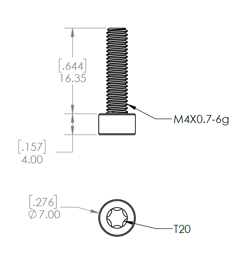 Technical drawing of the Picatinny Rail Receiver Screw with dimensions labeled.