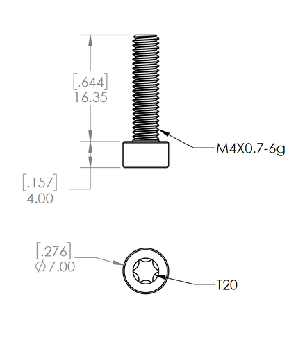 Technical drawing of the Picatinny Rail Receiver Screw with dimensions labeled.