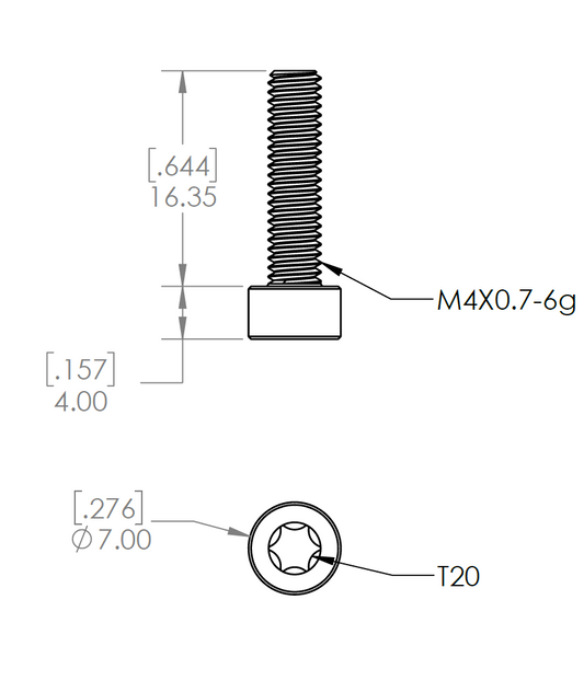 Technical drawing of the Picatinny Rail Receiver Screw with dimensions labeled.